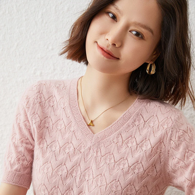 

Hot Sale 100% Pure Cashmere Women's Sweaters And Pullovers Autumn Female V-Neck Short SLeeve Clothing Hollow Out Tops Spring