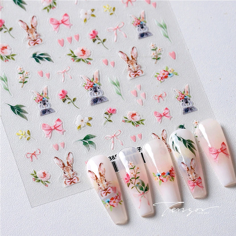 Cute Rabbit Love Heart Bowknot Easter Bunny Eggs Bunny Flower Rose Leaves Nail Art Stickers Charm Garden Animal Manicure Decals 2