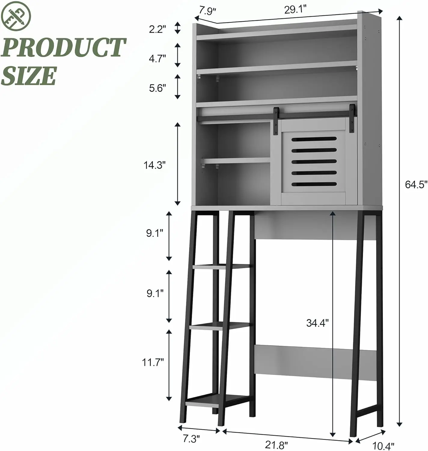 Over Toilet Storage Cabinet. Sliding Doors. Adjustable Shelf. Anti-Tip Device. Gray. For Bathroom.