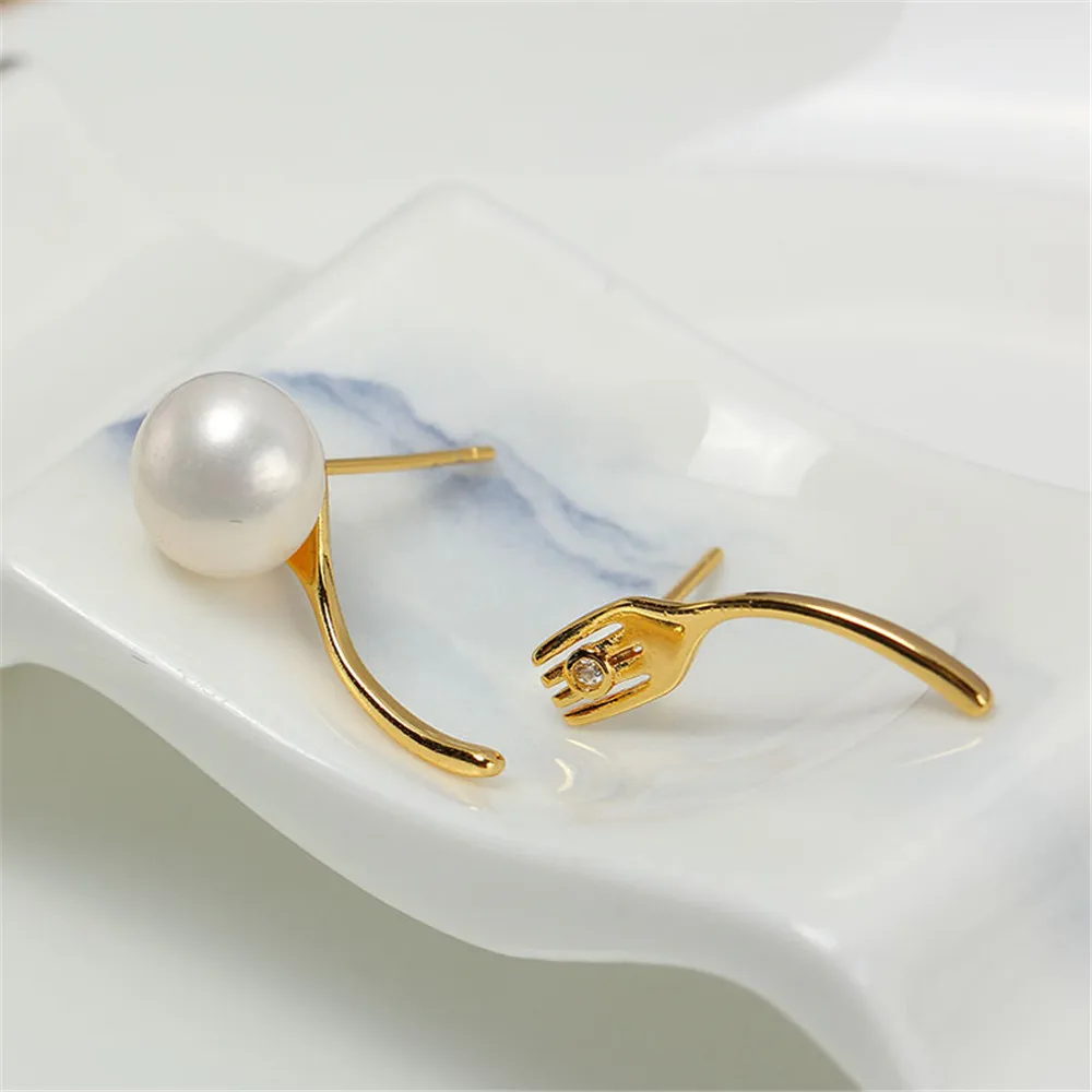 Domestic 14K Gold Bag AB Model Fork Spoon Pearl Stud Earrings Accessories Ear Pins S925 Silver DIY Temperament Women юбка silver spoon