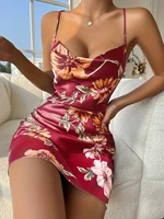 Summer Thin Breathable Women's Dress Ice Silk Slip Dress Sexy Floral Print Pajamas Open Back Split Nightdress Silk Pajamas - Image 5
