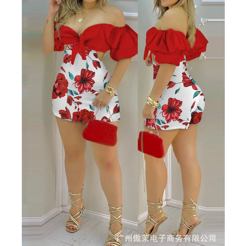 

Women New Spring Summer Playsuits Shorts Pants High Waist Flower Floral Print Off Shoulder Knotted Cutout Romper