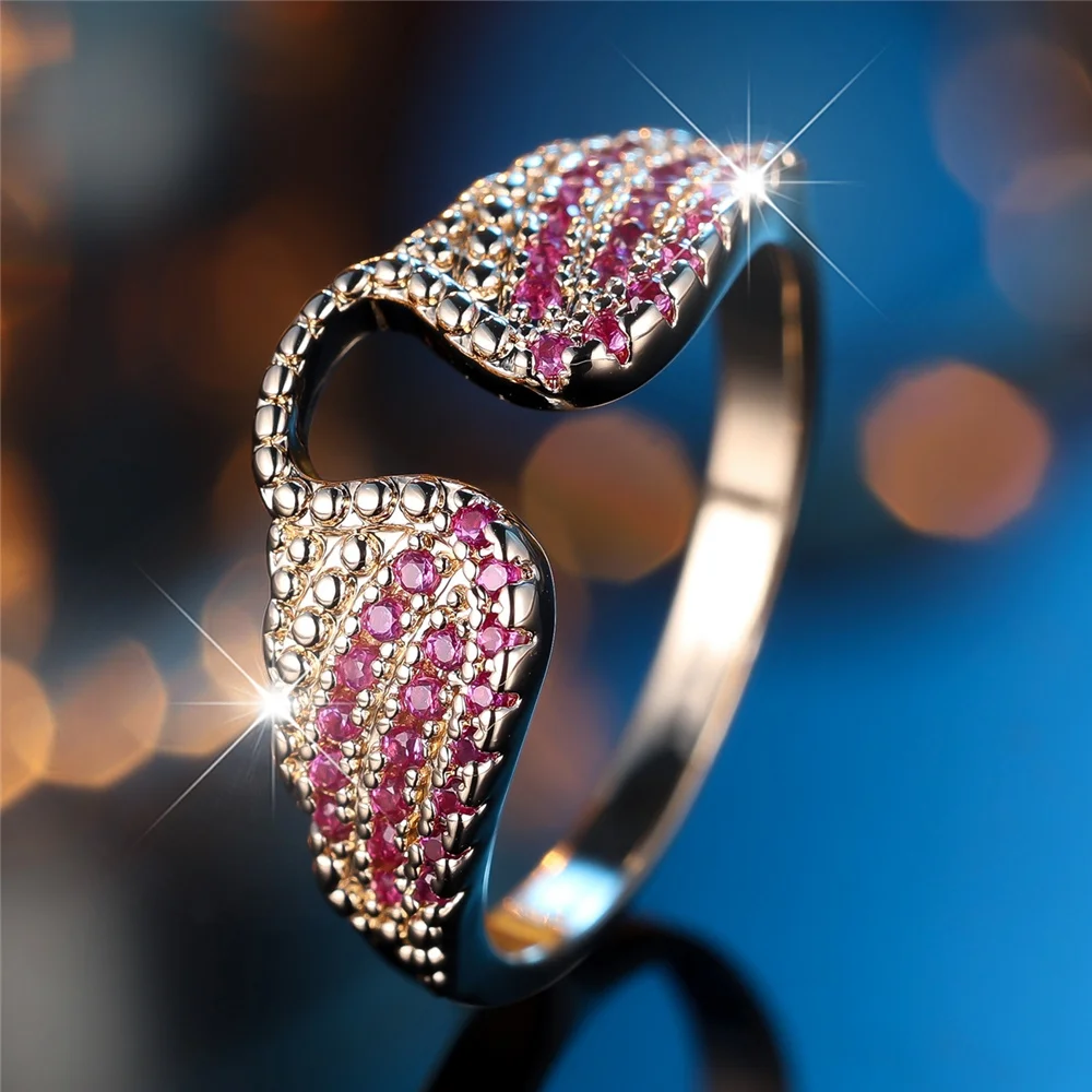 Female Cute Rose Red Zircon Small Stone Ring Vintage Color Angel Wings Engagement Rings Charm Wedding Jewelry For Women