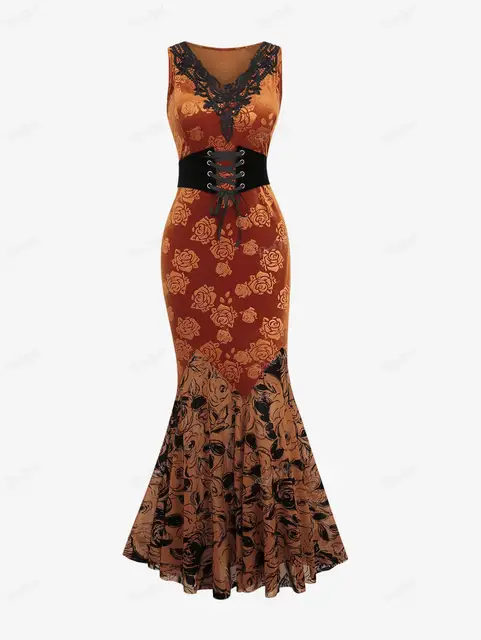 ROSEGAL-Gothic Lace Applique Gilding Flower Mesh Flocking Dresses