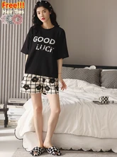 

ATUENDO Summer Fashion Black Pajamas Sets for Women 100% Cotton Atoff Home Satin Sleepwear Casual Vintage Soft Silk Nightwear