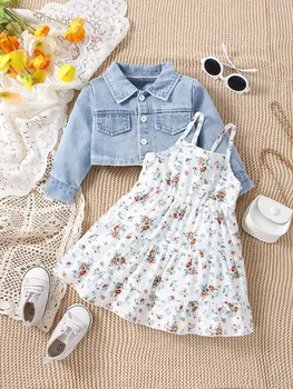 3pieces Four Seasons Leisure Travel Vacation Comfortable Denim Long Sleeve + Floral Dress Set With Halter Sweet Fashion 1