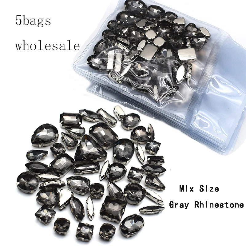 

Top 5Bags Gray Wholesale Mix Shape Silver Setting Claw Rhinestones Glass Flatback Sew Diamond Crystals for Clothes Wedding DIY