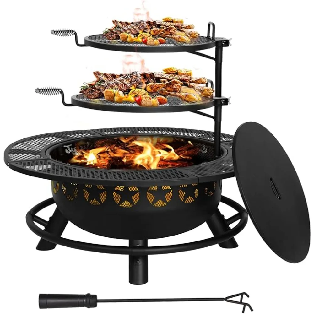 35 Inch Fire Pit with Cooking Grate & Charcoal Pan, Outdoor Wood Burning BBQ Grill Firepit Bowl with Cover Lid,Steel Round