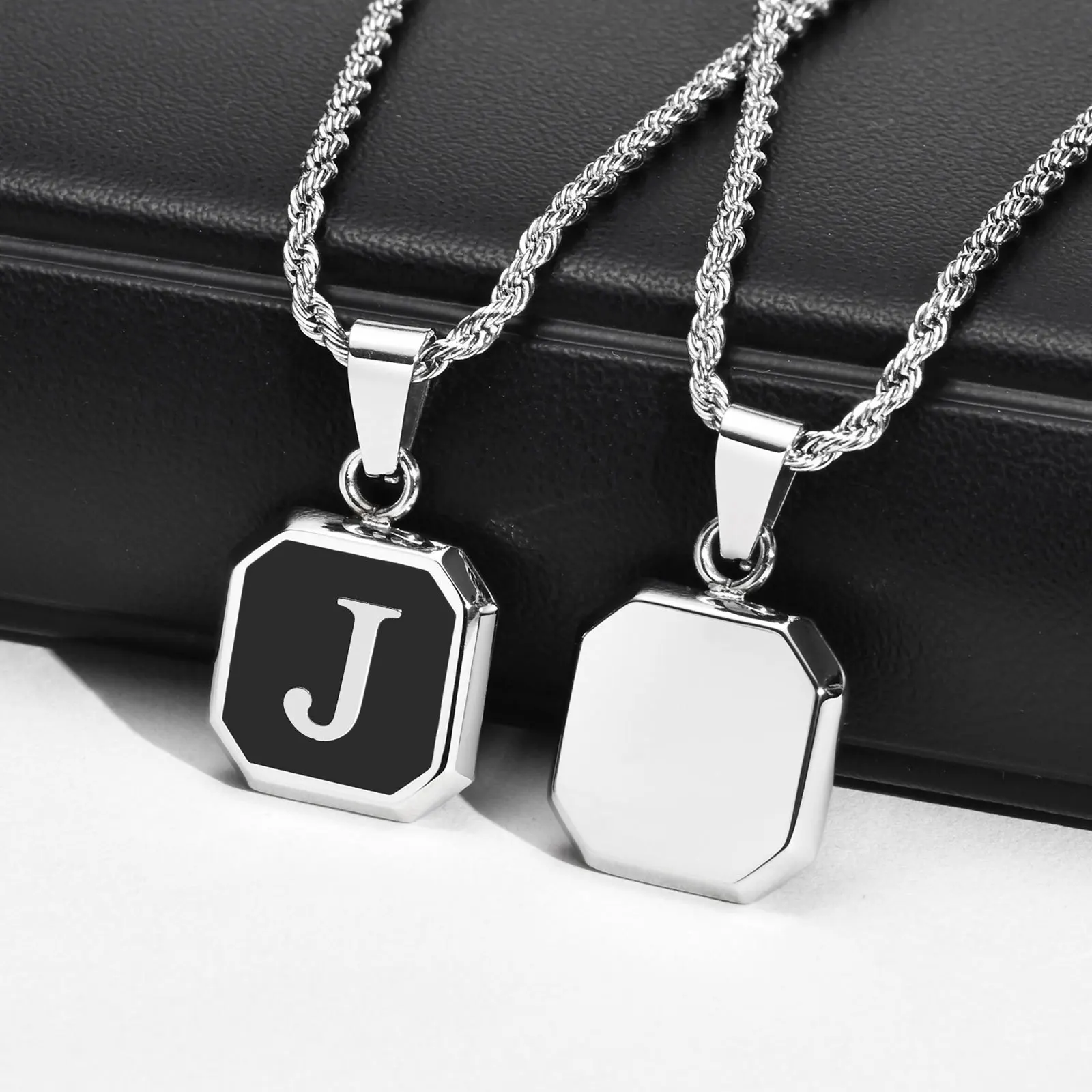 Aanvankelijke Letter Hanger Ketting Voor Mannen Jongens, Vierkante Hoofdletter Monogram Ketting Alfabetten Van A-Z Gedraaide Touw Ketting Kraag