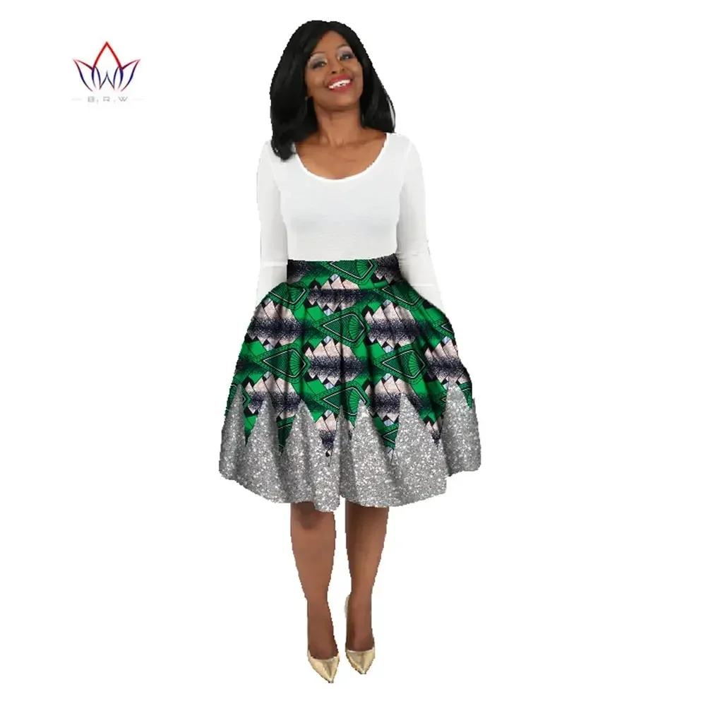 Bintarealwax Fashion African Wax Print Skirts Bazin Plus Size High Waist Sequin Short Skirts African Clothes for Women WY777