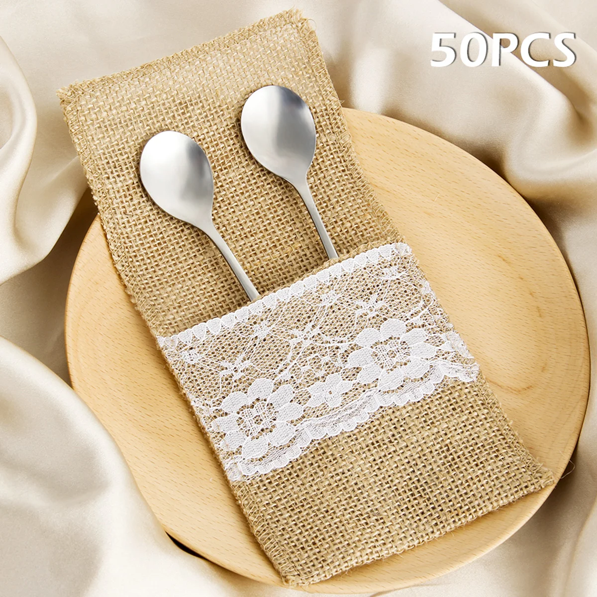 50Pcs Burlap Lace Cutlery Pouch Wedding Tableware Party Supplies Holder Bag Hessian Rustic Jute Table Decoration Accessories