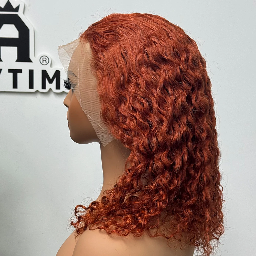 200% Density 13x4 Transparent Lace Frontal Wigs Short Bob Curly Water Wave Human Hair Wigs for Black Women Ginger 350# Color