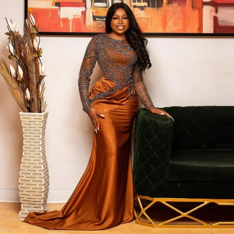 

Африканское нигерийское платье для выпускного вечера Aso Ebi, кружевное официальное вечернее платье с длинными рукавами и бусинами, черное платье для девушек