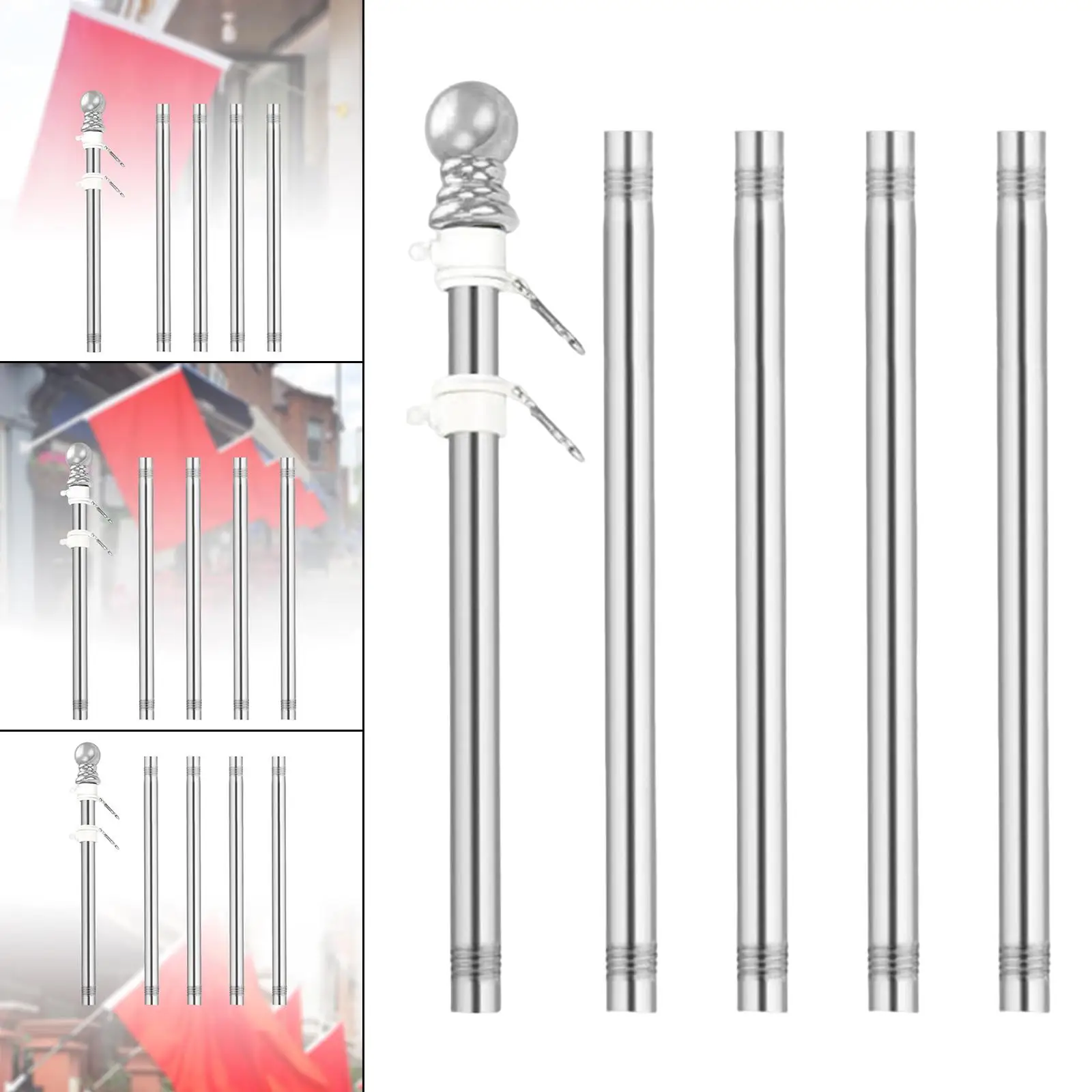 5x Stainless Steel Flag Flag Pole Guide Banner Five Sections Rod Garden Pole Outdoor Residential House Porch