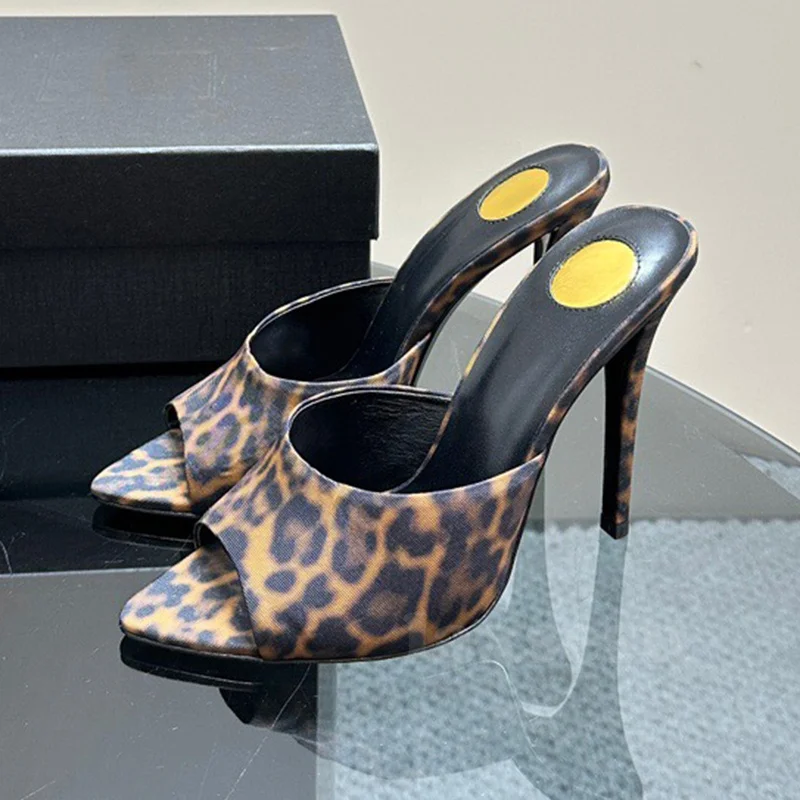 

High End Women Slippers Summer 2024 New Style Leopard Upper Peep Toe Ladies High Heeled Shoes Temperament Elegant Slippers