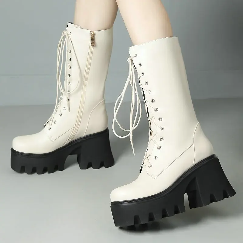 

British Style Punk Goth Women Winter Warm Shoes Square Chunky High Heels Lace-up Cross Tied Motorcycle Mid-calf Platform Boots