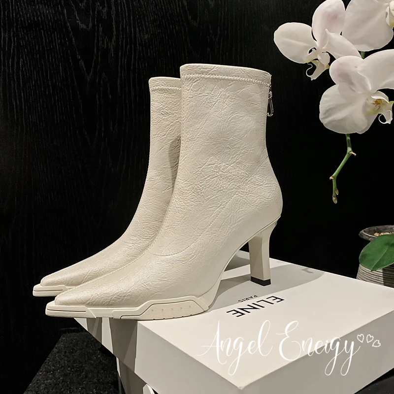 

2023 New Autumn winter Women ankle boots 22-25cm Elastic microfiber+pigskin stretch boots pointed toe back zip skinny boots