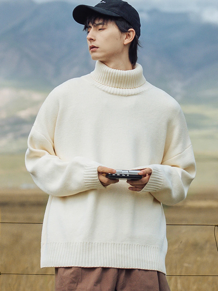 

Men High Neck Sweater Black White Loose Casual Knitted Sweaters Pullover 2023 Autumn Winter Jumper Knitwear