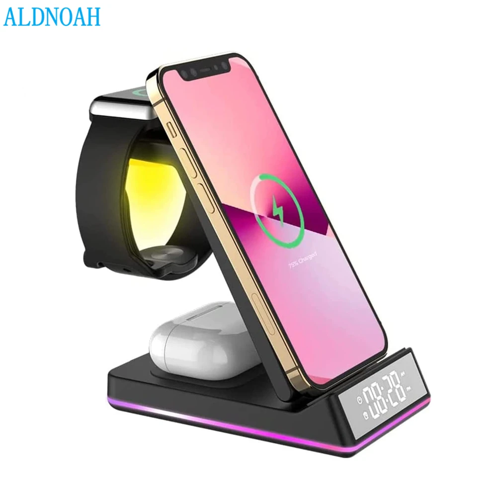 

Wireless Charger 3 in 1 For iPhone 13 12 Pro Max 11 XS 8 iWatch 7 6 SE AirPods 3 15W Faster Charging Station With Lamp Clock