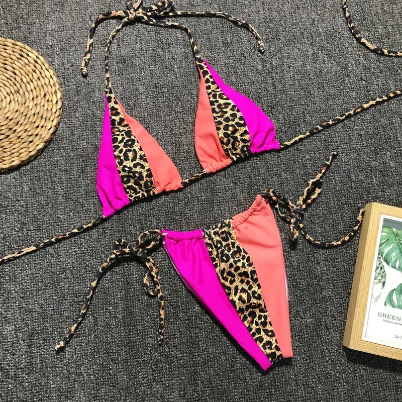 Women Colorblock Triangle Top String Tie Thong Brazilian Bikini Contrast Leopard Push Up Biquini