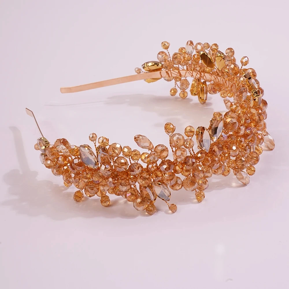 Bridal Hair Accessories, Crown Headband, Hair Accessories Handmade Wedding Bride Luxury Pink Gold Rhinestones Tiaras and Crowns Bridal Headband Costume Hair Accessories for Women