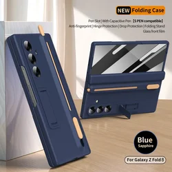 Luxury Foldable Stand Holder with Hinge Protector and Shockproof Design, Back Cover with S Pen Holder - Galaxy Z Fold4 (Navy Blue)