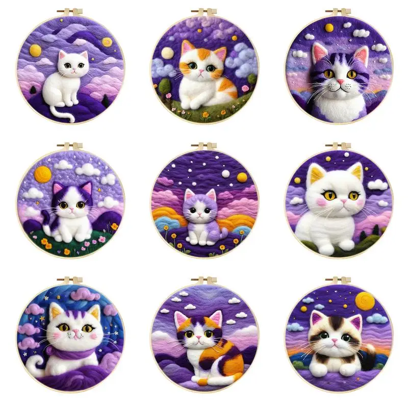 CHENISTORY DIY Wool Felting Needles Cat Animals Pattern Set For Wool Paintings Felt Craft With Frame Felting Kit Home Decor