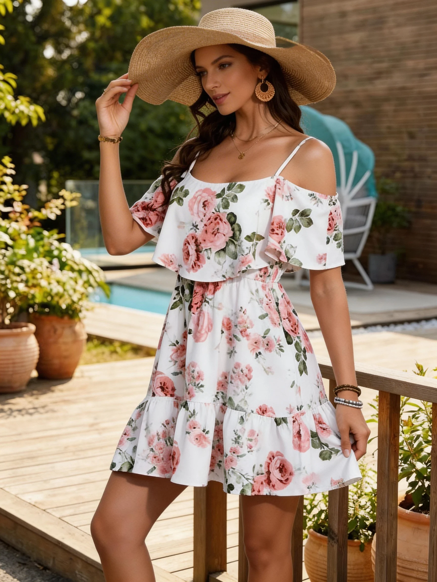 Women's European-Style Floral Print Dress Sleeveless Halter Top with Ruffled Edges Short Skirt for Summer 3