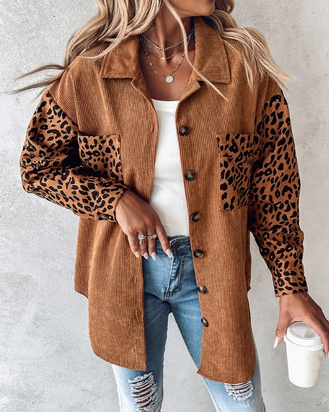 Women's Outerwear 2023 New Hot Selling Fashion Long Sleeve Leopard Pattern Pocket Design Corduroy Single Row Strong Coat