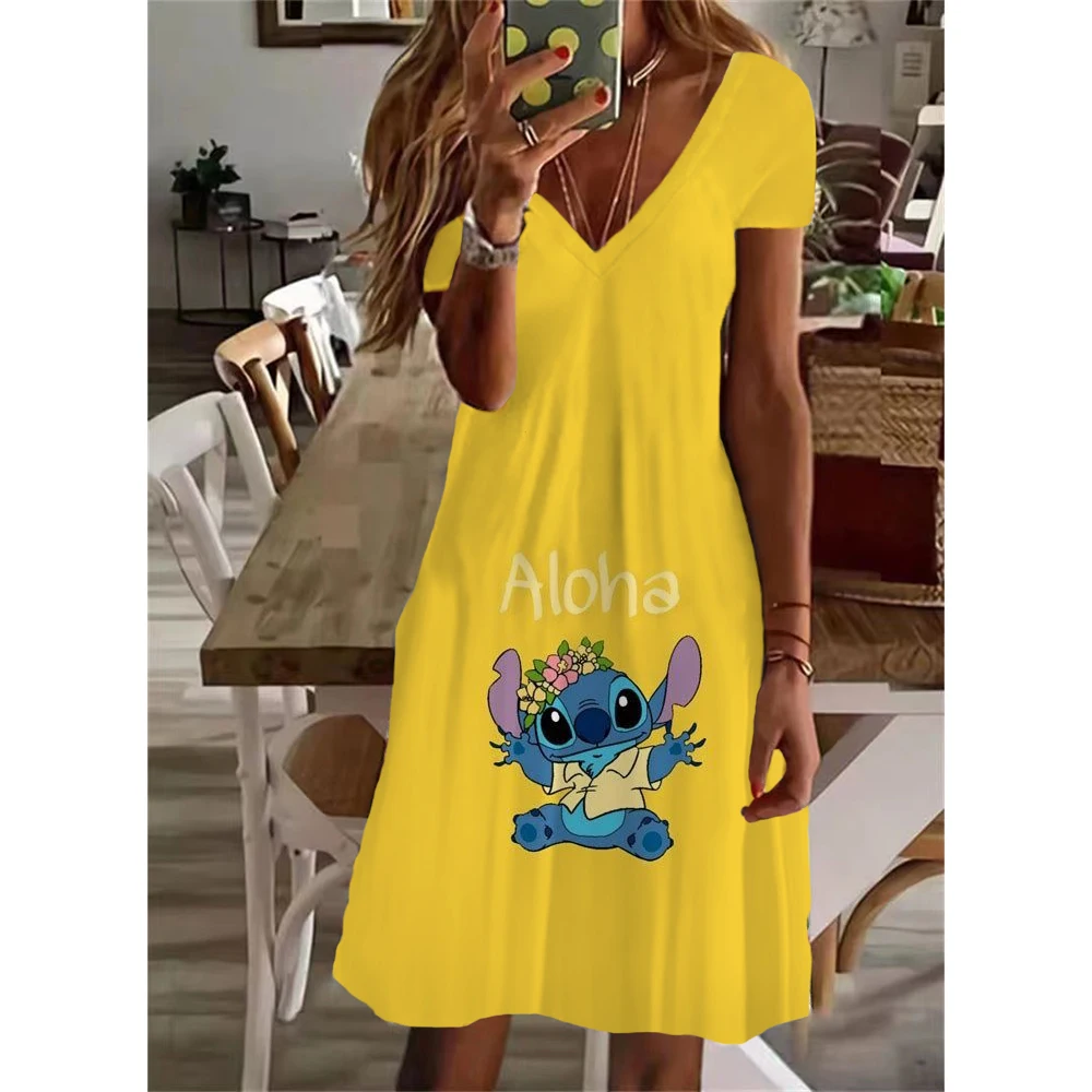 thumbnail image 1 of Vestido elegante informal con cuello en V y largo hasta la rodilla con estampado de Lilo y Stitch de Disney para mujer de verano Y2K 2024, 1 of 5