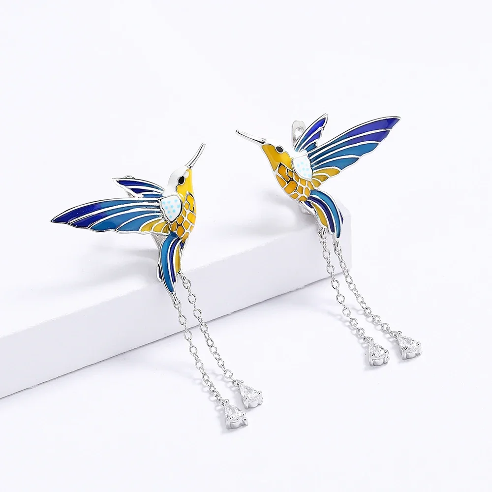 Pendant Earrings Long Earrings Crystal Tassel Earrings Bird Pendant Earrings Color Epoxy Tassel Long Earrings Handmade Enamel Women's Jewelry