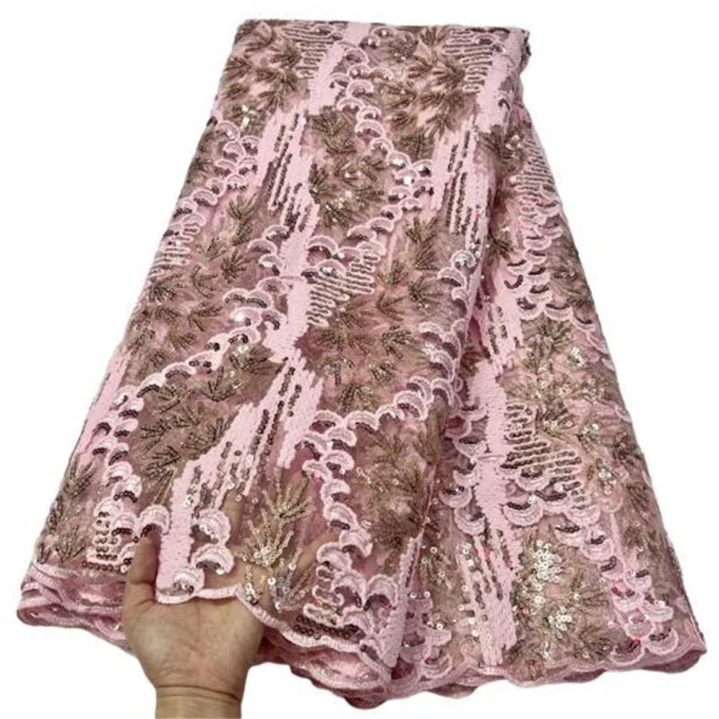 

Hot Sale African Lace Fabric High Quality Sequins Nigeria French Tulle Mesh Lace Fabric for Bridal Materials Sew Pink/Gold