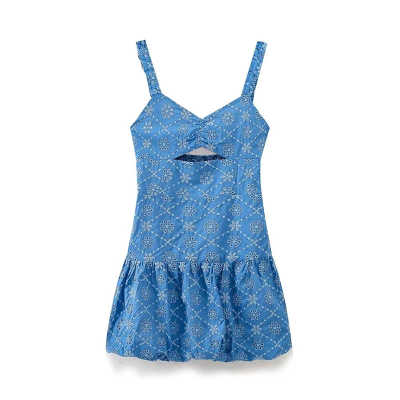 

YENKYE New Women Hollow Out Embroidery Mini Dresses Sexy Sleeveless V Neck Female Blue Summer Dress