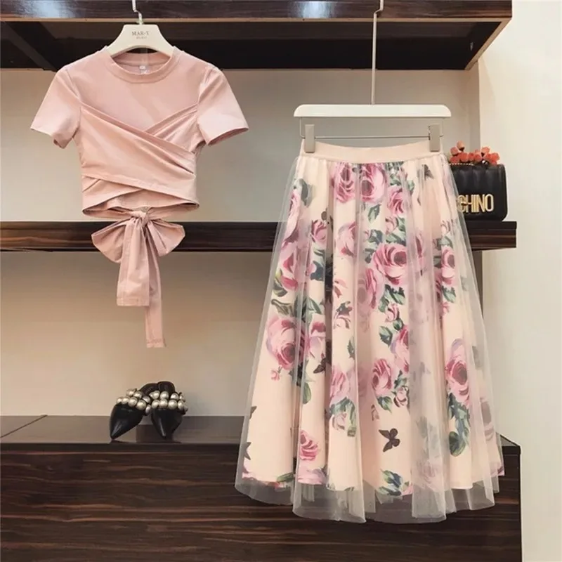 Cute Fresh Chiffon Skirt Short Sleeve Bowknot Tops Floral Mid-length High Waist Slim 2-Piece Suit Shirt Elegant 16673