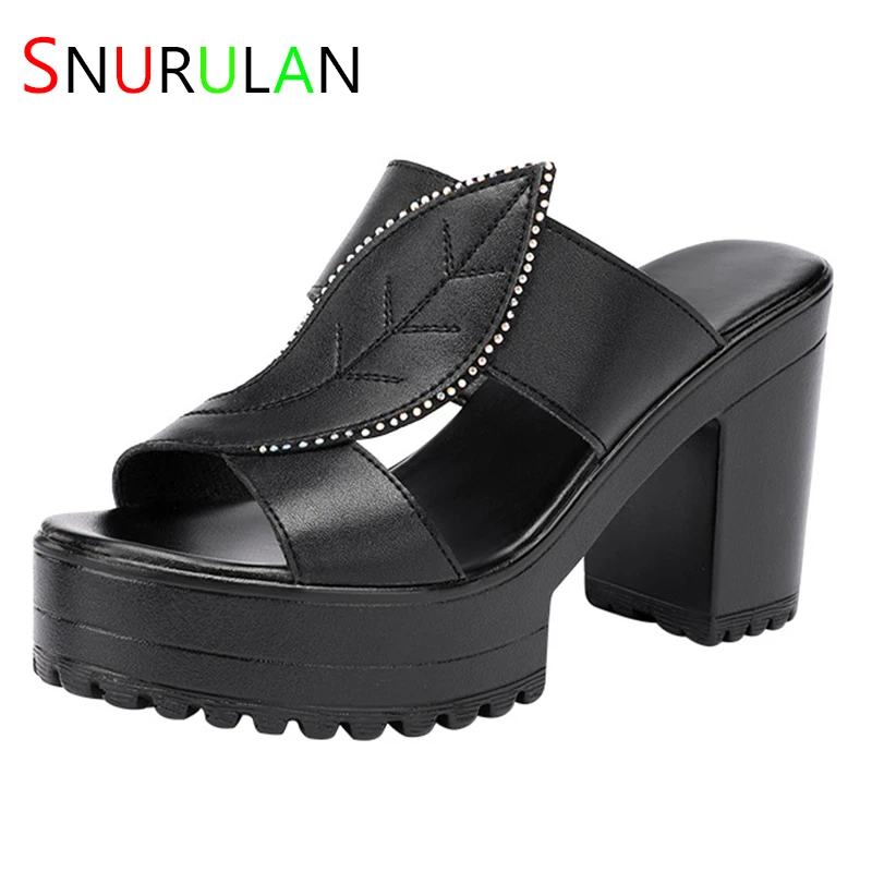 

Small Size 32-43 Elegant Thick Platform Shoes Women Slippers Summer 2023 Leaf Print Block High Heels Slides for Office Model