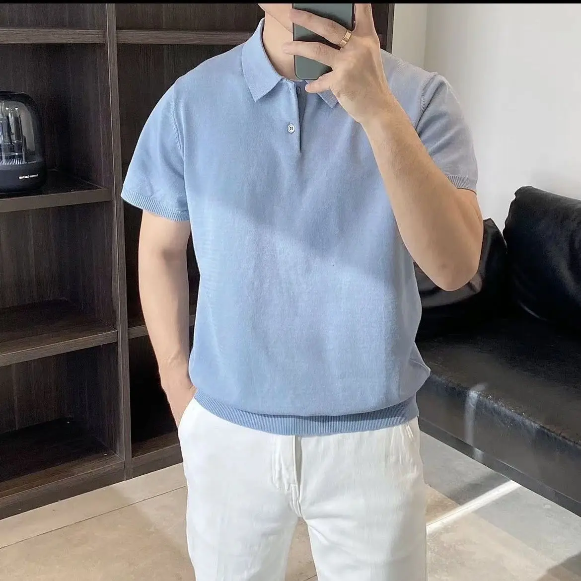 

2024 New Fashion Knit Polo Shirt Men Korean Style Slim Fit Solid Short Sleeve Top Summer Trend Premium Polos Shitrt for Mens Z39