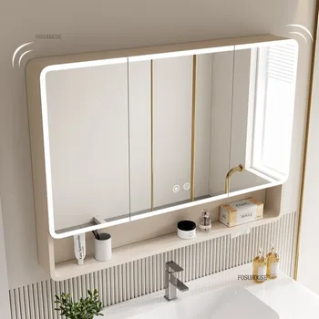 ตู้กระจกห้องน้ําอลูมิเนียมโค้งเพิ่มความสูงกระจกอัจฉริยะติดผนังพร้อมไฟและตู้แร็คเก็บของอุปกรณ์ห้องน้ํา 1