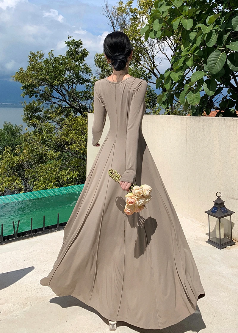 Casual Knitted Dresses for Women Long Sleeves Square Collar A-line Autumn Maxi Dress Korean Fashion Solid Vestidos Mujer New