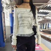 Gaono Hauts à épaules dénudées pour femme, manches longues, imprimé note de musique, T-shirt ajusté, chemisier à volants, Coquette Y2K, Streetwear 2