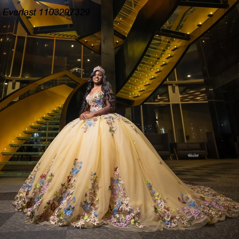 EVLAST Gold Floral Quinceanera Dress Ball Gown Colorful Applique Beading Corset Sweet 16 Vestido De 15 Anos QD1170