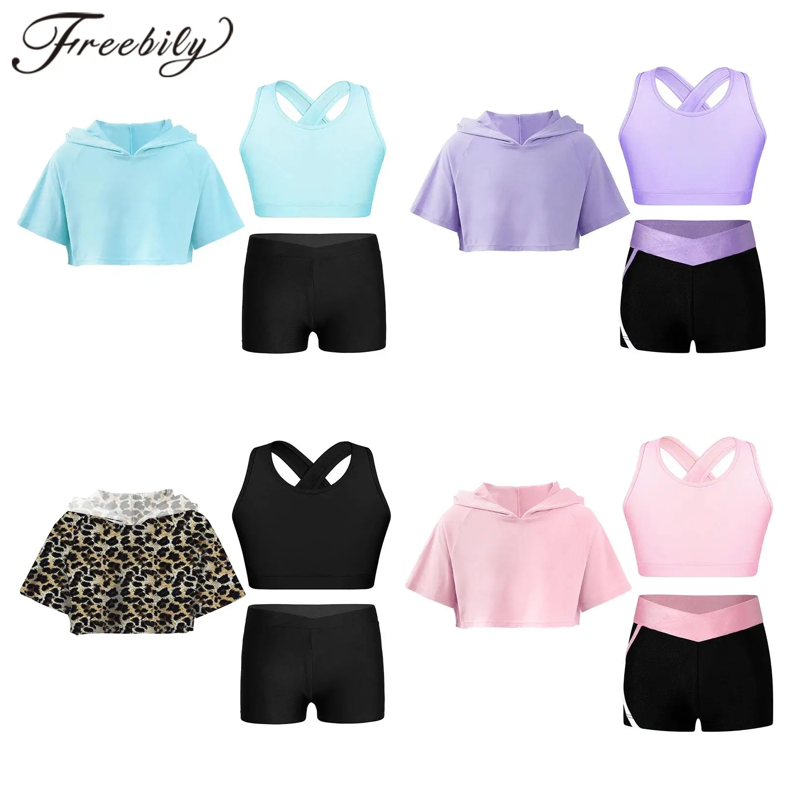 Kids Sports Suit Girls Workout Gymnastics Outfit Yoga Sets Keyhole Back Vest Shorts Short Sleeve Hooded Crop Top Teen Sports Athletic Suits