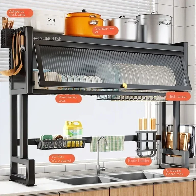 Home Dish Tableware Storage Cabinets Kitchen Sink Rack Sink Dustproof Cupboard Multifunction Kitchen Cabinets with Drain Rack W 3