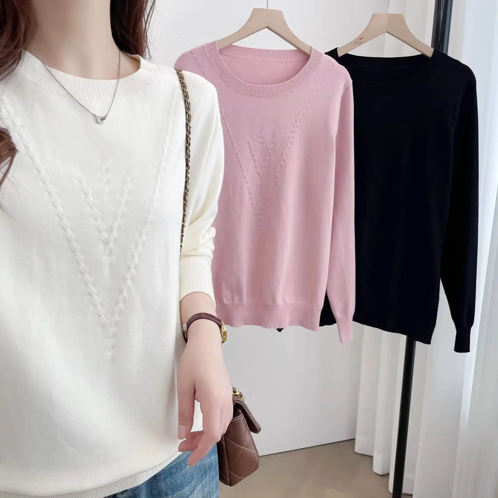 XXXL Fashion Plus Size Women's Sweaters New Autumn Winter Style Versatile Elegant Round Neck Jacquard V Base Pullovers 6698