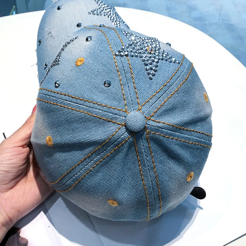 Baseball Cap Shiny Rhinestone Women Baseball Hat Punk Pentagram Star Peaked Cap Hip Hop Duck Tongue Caps Blue Color Denim Duckbill Hats Visor