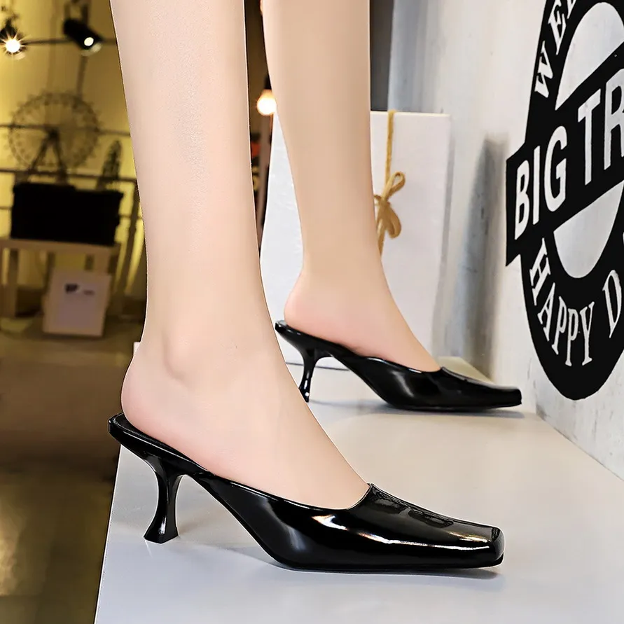 ZOOKERLIN Summer Square Toe Stiletto Solid Color PU Leather Women's Slippers Slip On Slides Simple Outdoor High Heels Women Pump