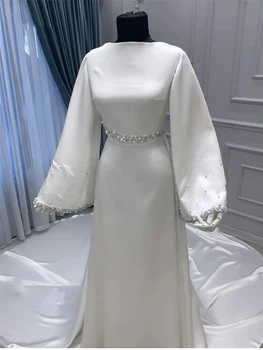 Abito da sposa musulmano elegante personalizzato Sposa con perline Perle Abiti da sposa avorio Collo alto Abito Semplici abiti da ballo di alta qualità