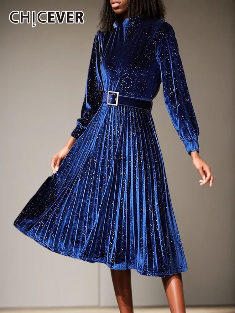 

CHICEVER Elegant Solid Midi Dresses For Women Round Neck Long Sleeve High Waist Patchwork Belt Temperament Pleated Dress Female