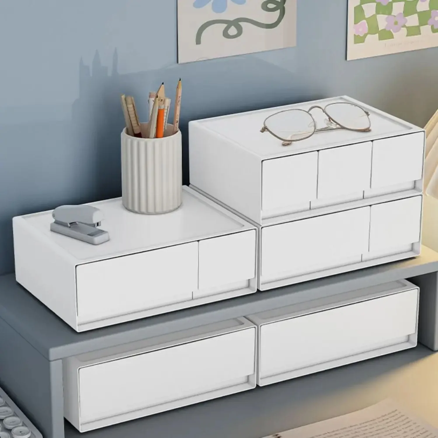 Simple White Desktop Organizer Drawer Office Cosmetic Stationery Box Stackable Desk Space Saving Organizer