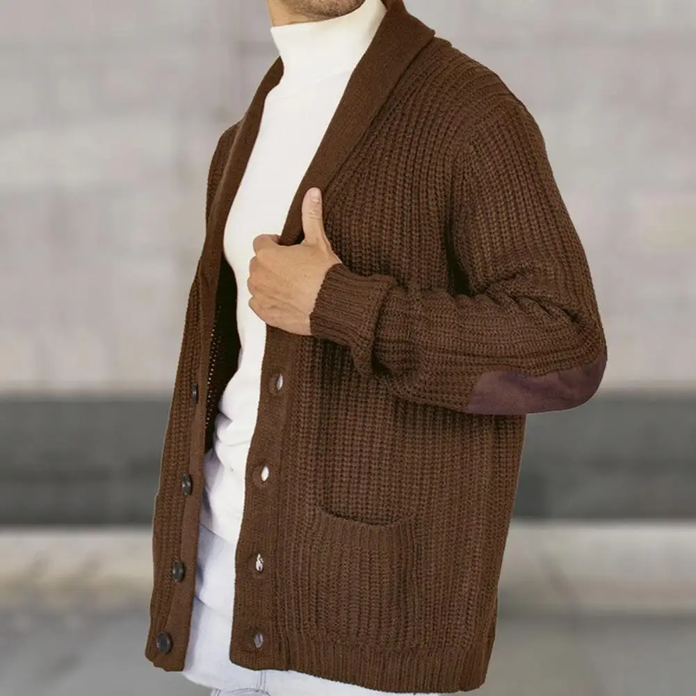 Description Picture 5 of itemSingle-breasted Cardigan Thick Warm Knitted Cardigan Coat with Faux Suede Patchwork Elastic Pockets for Men
