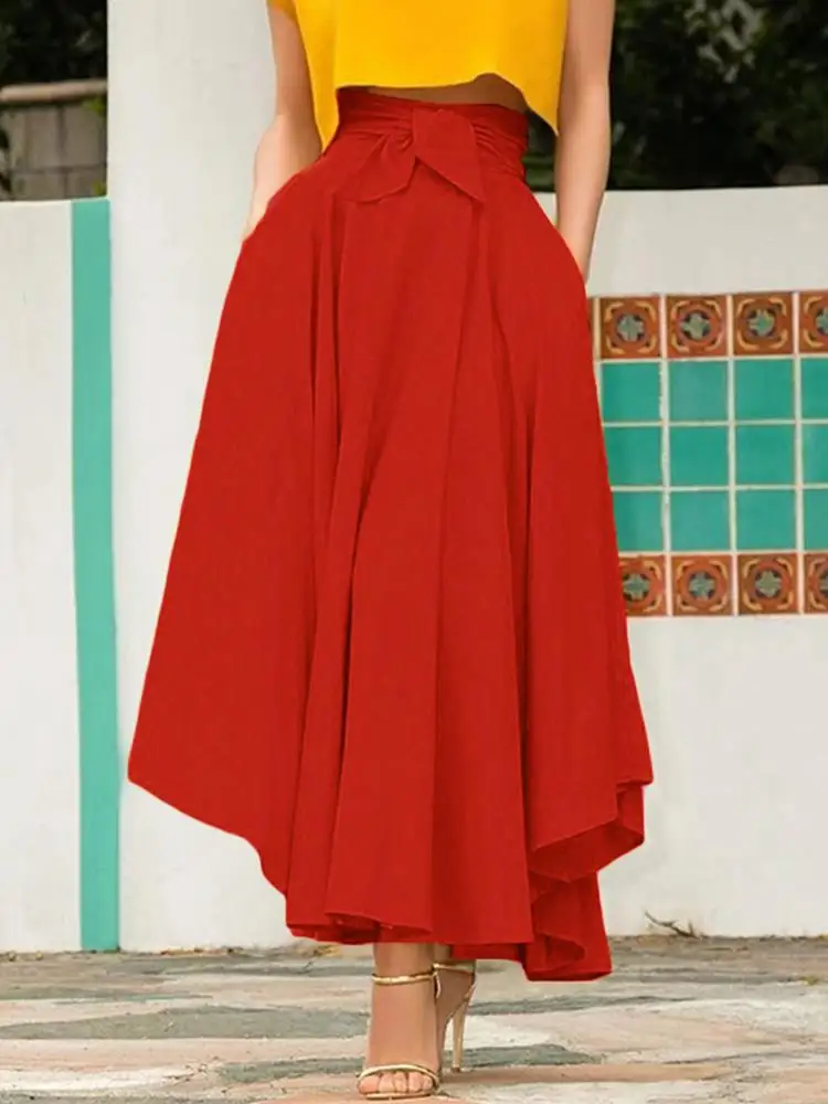 

2023 ZANZEA Women Summer Skirts Elegant Solid A-line Skirts Bohemian Beach Skirt Jupe Female Bow Tie Maxi Long Skirt Faldas Saia
